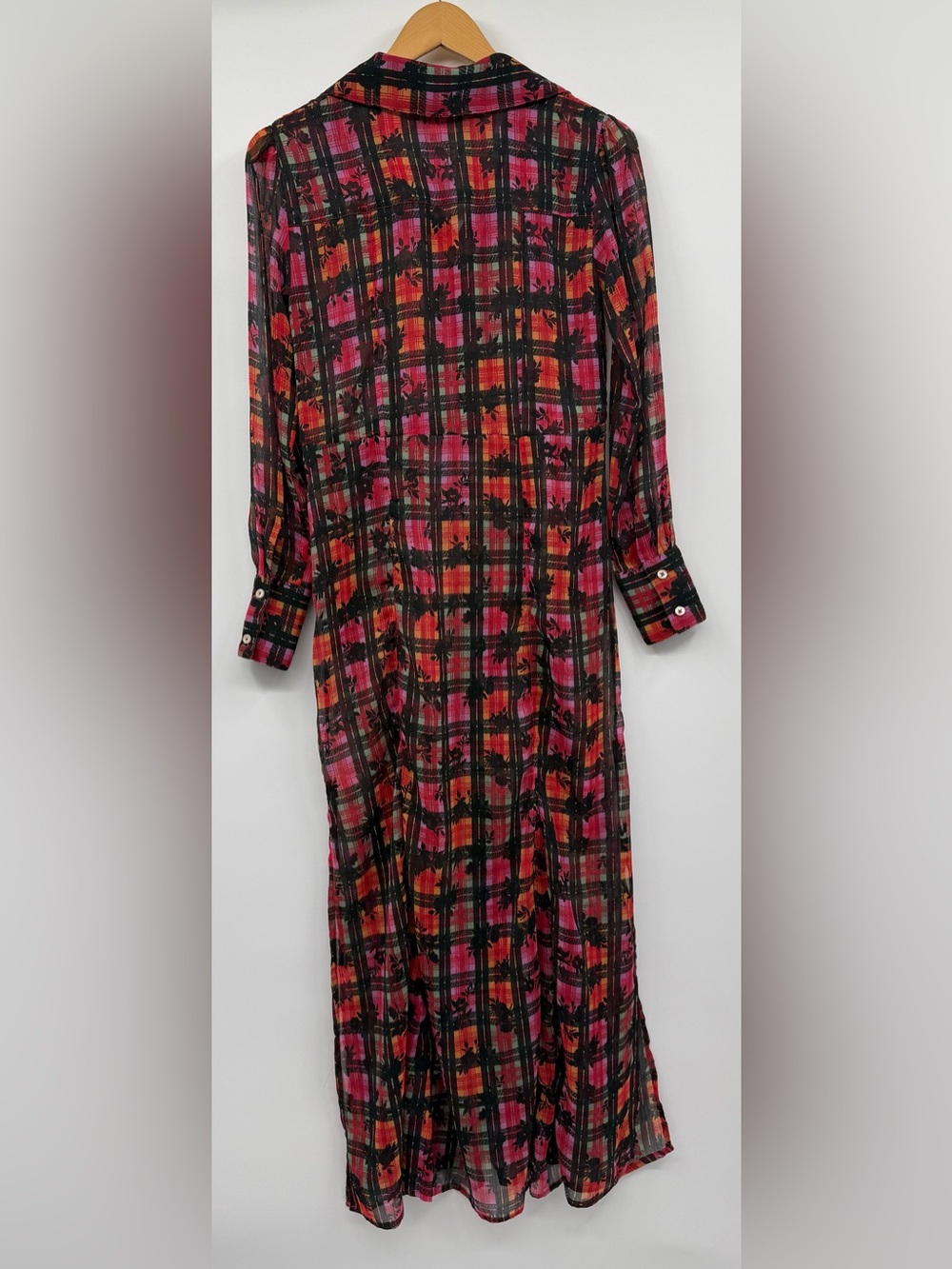 Free People Jerra Plaid Floral Maxi Shirt Dress Sheer Black Pink Orange XS Boho - Picture 7 of 9